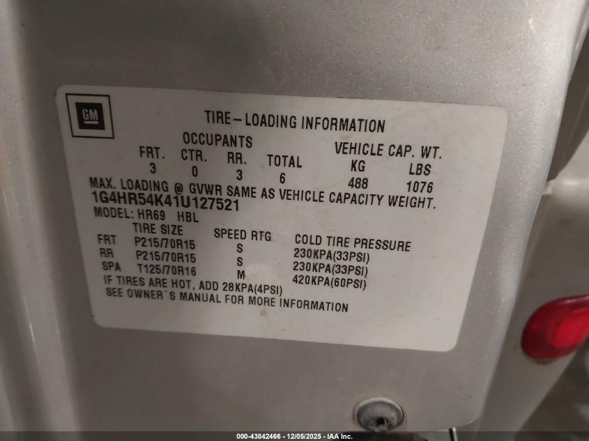 2001 Buick Lesabre Limited VIN: 1G4HR54K41U127521 Lot: 43842466