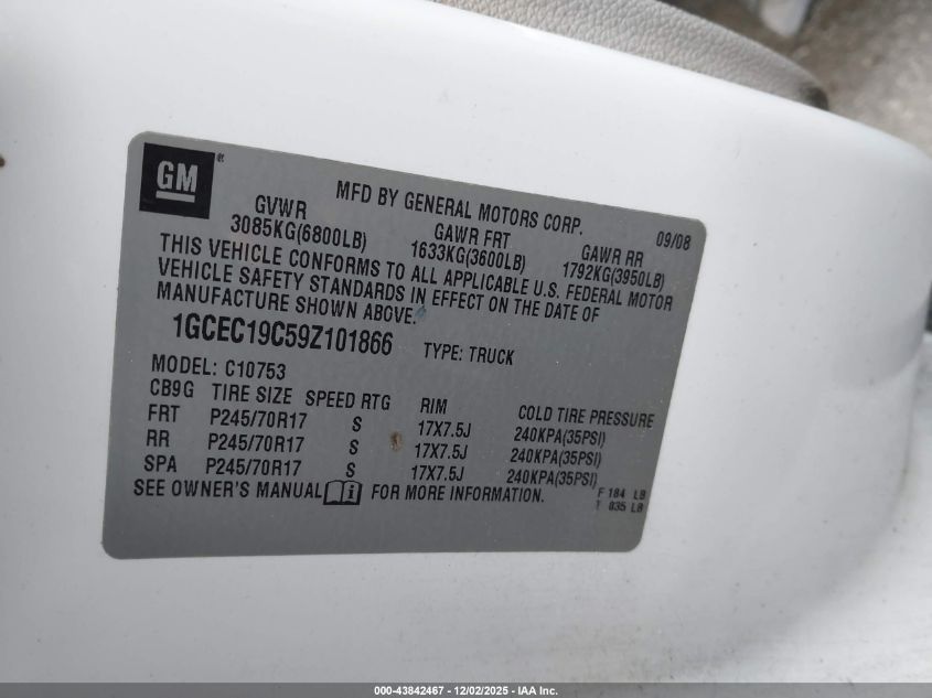 2009 Chevrolet Silverado 1500 Work Truck VIN: 1GCEC19C59Z101866 Lot: 43842467