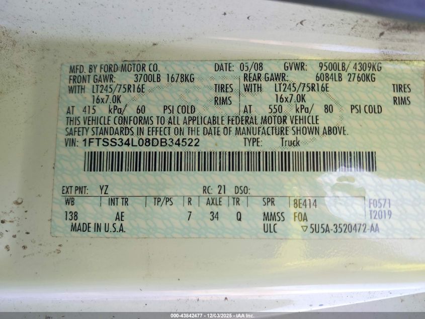 2008 Ford E-350 Super Duty Commercial/Recreational VIN: 1FTSS34L08DB34522 Lot: 43842477