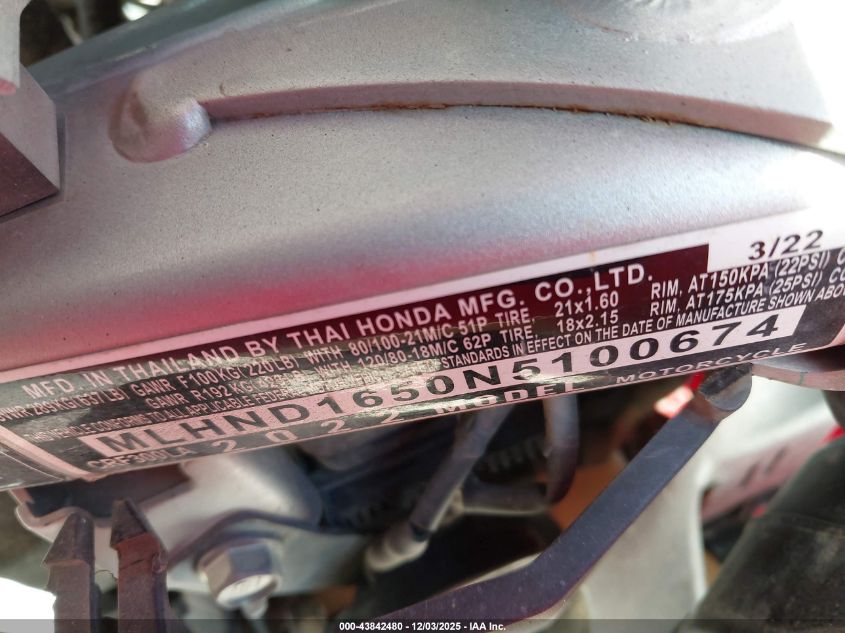 2022 Honda Crf300 La VIN: MLHND1650N5100674 Lot: 43842480