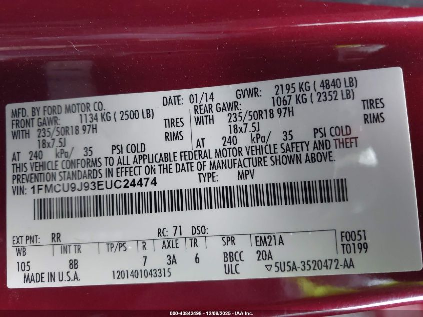 2014 Ford Escape Titanium VIN: 1FMCU9J93EUC24474 Lot: 43842498