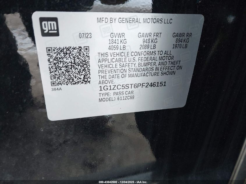 2023 Chevrolet Malibu Fwd 1Fl VIN: 1G1ZC5ST6PF246151 Lot: 43842500