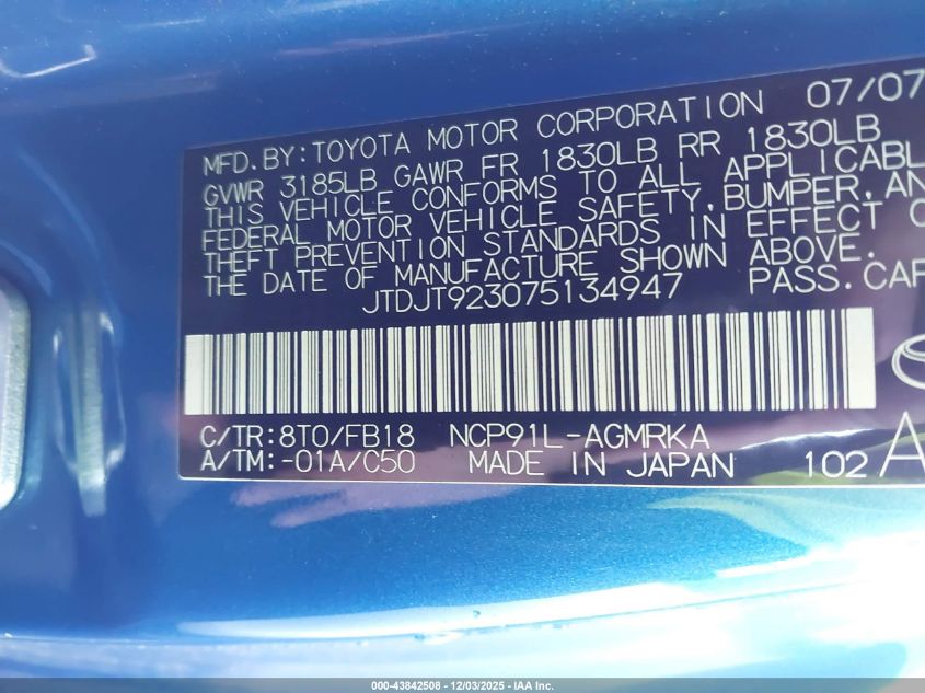 2007 Toyota Yaris VIN: JTDJT923075134947 Lot: 43842508