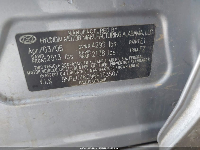 5NPEU46C96H153507 2006 HYUNDAI SONATA photo no. 9
