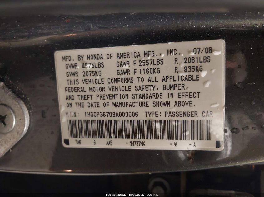 2009 Honda Accord 3.5 Ex VIN: 1HGCP36709A000006 Lot: 43842555