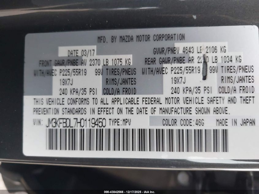 2017 Mazda Cx-5 Grand Touring VIN: JM3KFBDL7H0119450 Lot: 43842566