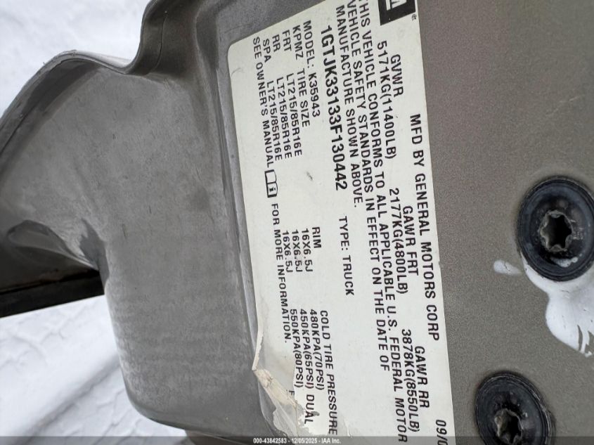 2003 GMC Sierra 3500 Slt VIN: 1GTJK33133F130442 Lot: 43842583