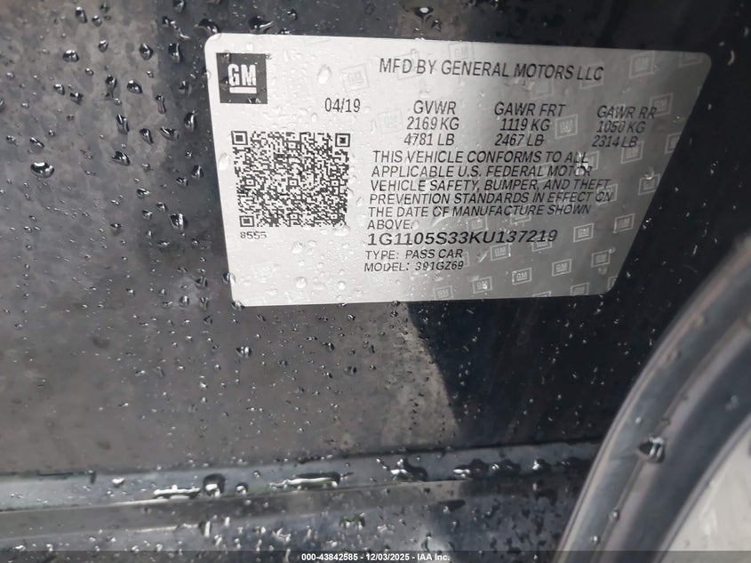 2019 Chevrolet Impala VIN: 1G1105233KU137219 Lot: 43842585