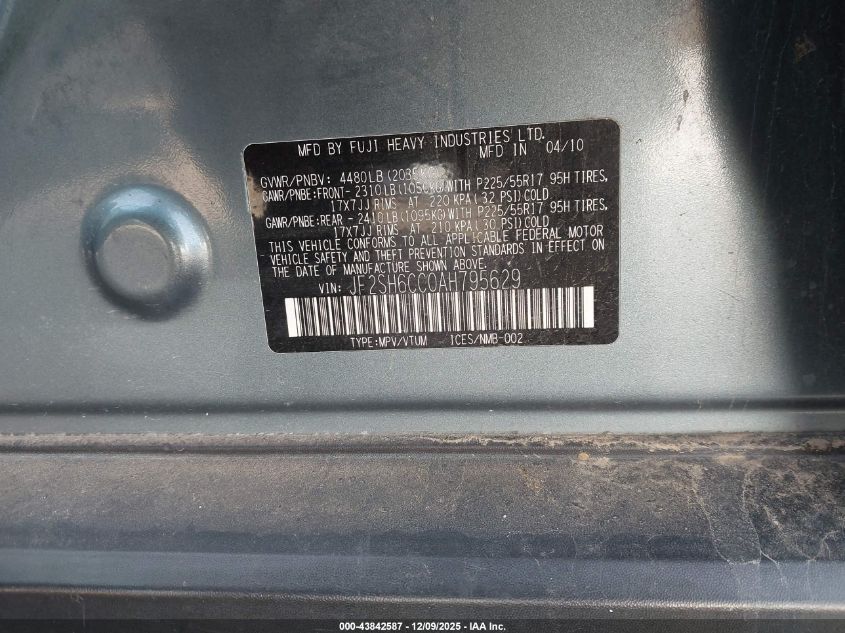 2010 Subaru Forester 2.5X Premium VIN: JF2SH6CC0AH795629 Lot: 43842587