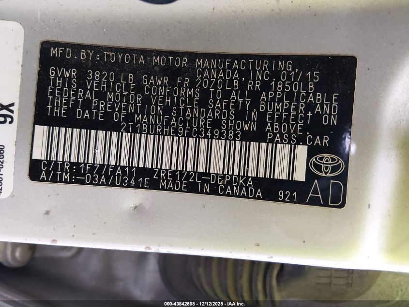 2015 Toyota Corolla L VIN: 2T1BURHE9FC349383 Lot: 43842608