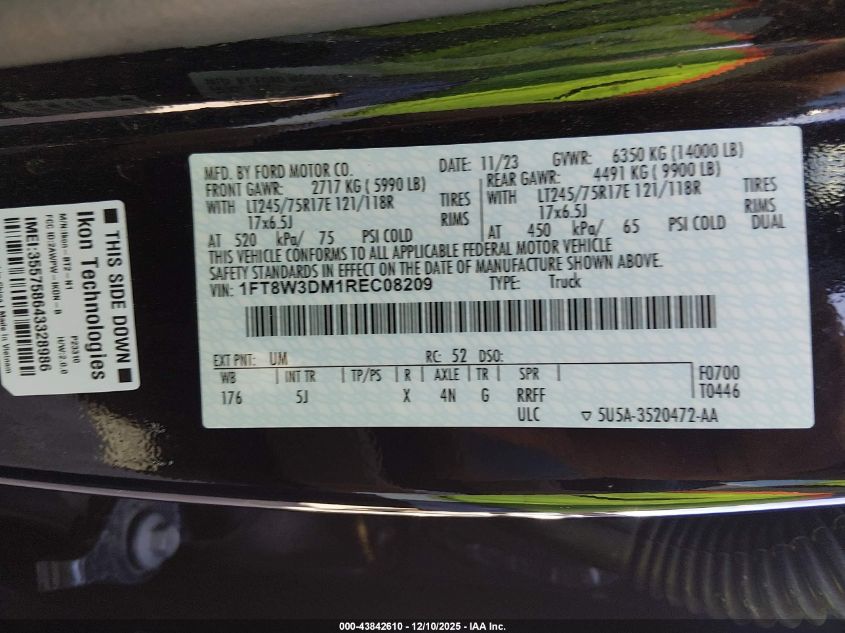 2024 Ford F-350 Lariat VIN: 1FT8W3DM1REC08209 Lot: 43842610