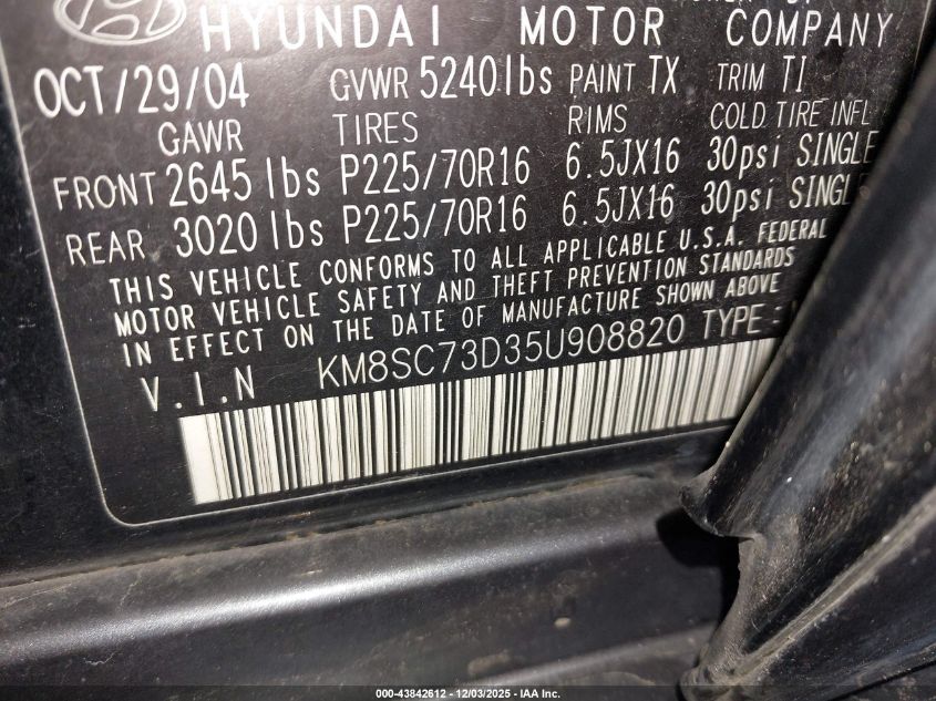 2005 Hyundai Santa Fe Gls VIN: KM8SC73D35U908820 Lot: 43842612