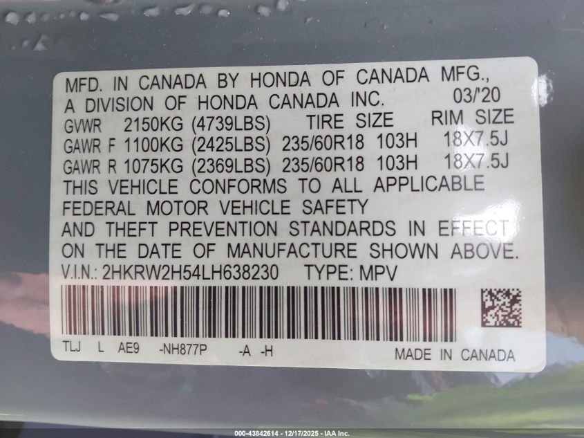 2020 Honda Cr-V Awd Ex VIN: 2HKRW2H54LH638230 Lot: 43842614