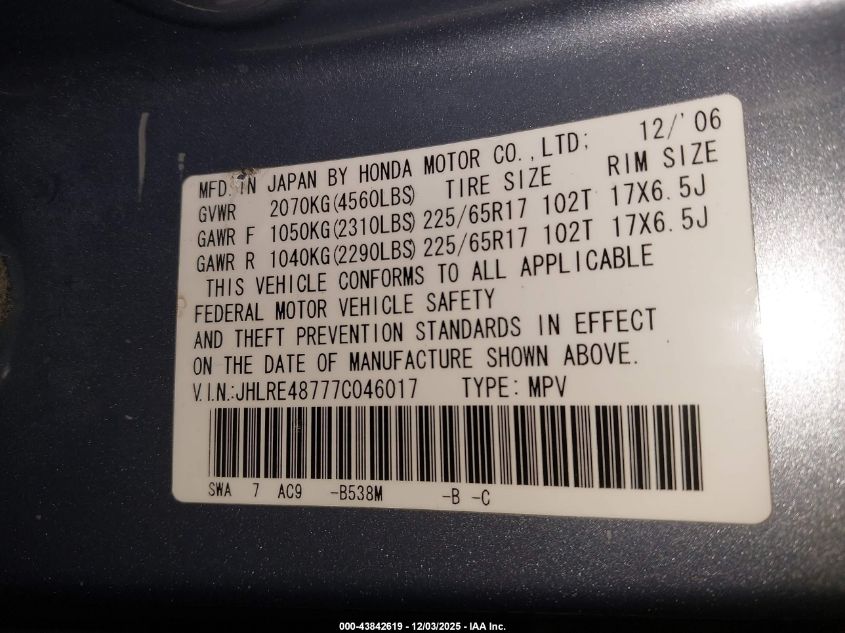 2007 Honda Cr-V Ex-L VIN: JHLRE48777C046017 Lot: 43842619