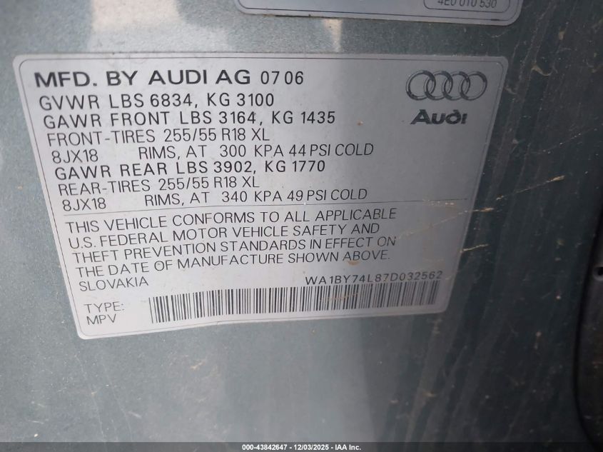 2007 Audi Q7 3.6 Premium VIN: WA1BY74L87D032562 Lot: 43842647