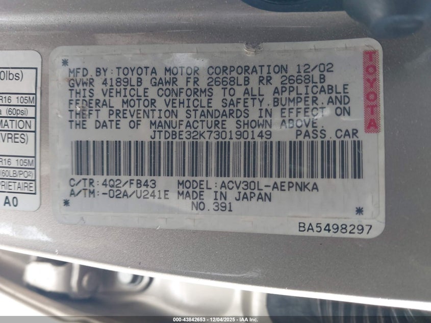 JTDBE32K730190149 2003 TOYOTA CAMRY photo no. 9