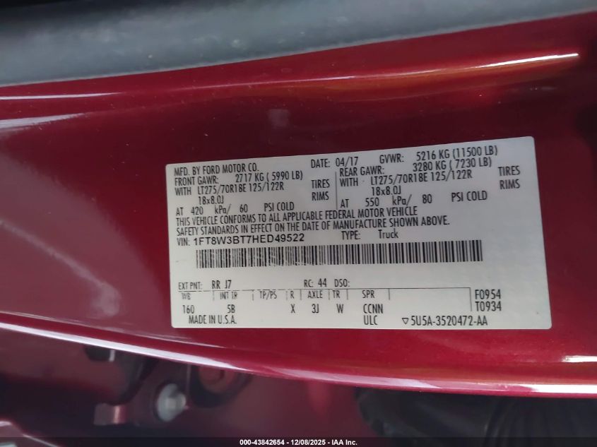 2017 Ford F-350 Lariat VIN: 1FT8W3BT7HED49522 Lot: 43842654