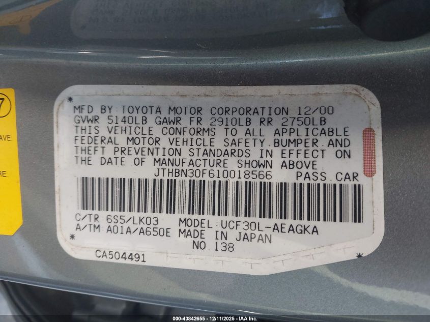 2001 Lexus Ls 430 VIN: JTHBN30F610018566 Lot: 43842655