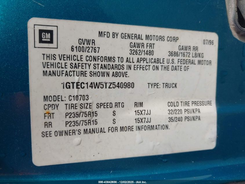 1996 GMC Sierra C1500 VIN: 1GTEC14W5TZ540980 Lot: 43842656