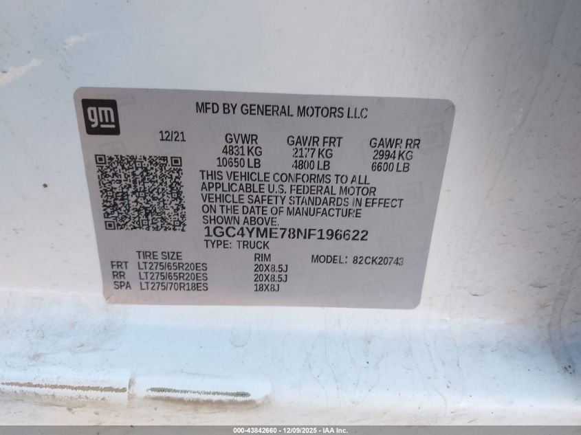 2022 Chevrolet Silverado 2500Hd 4Wd Standard Bed Custom VIN: 1GC4YME78NF196622 Lot: 43842660