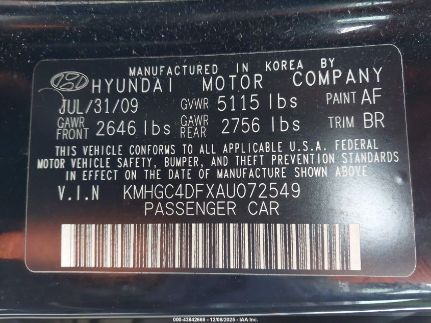 2010 Hyundai Genesis 4.6 VIN: KMHGC4DFXAU072549 Lot: 43842668
