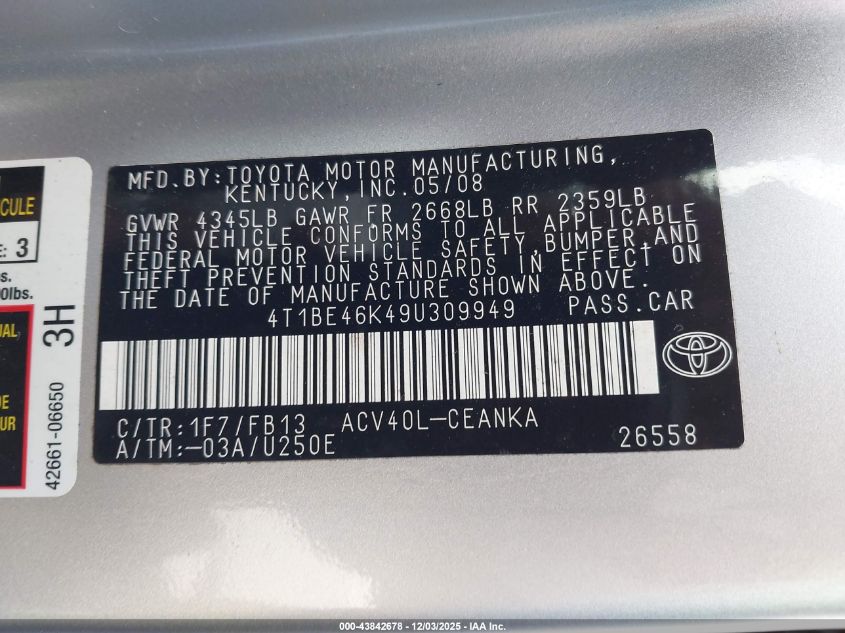 2009 Toyota Camry Le VIN: 4T1BE46K49U309949 Lot: 43842678