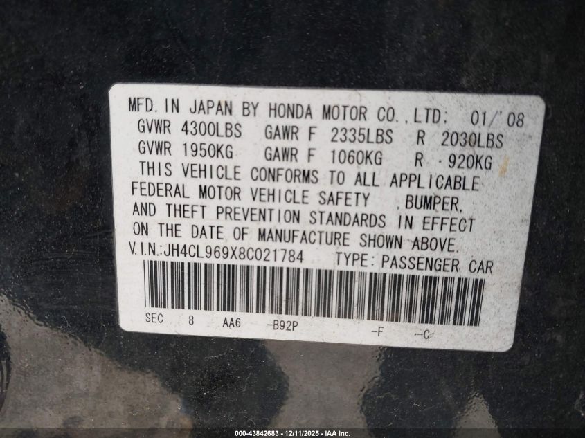 2008 Acura Tsx VIN: JH4CL969X8C021784 Lot: 43842683