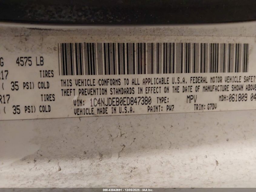 2014 Jeep Compass Latitude VIN: 1C4NJDEB0ED847380 Lot: 43842691
