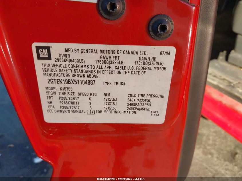 2005 GMC Sierra 1500 Sle VIN: 2GTEK19BX51104887 Lot: 43842696