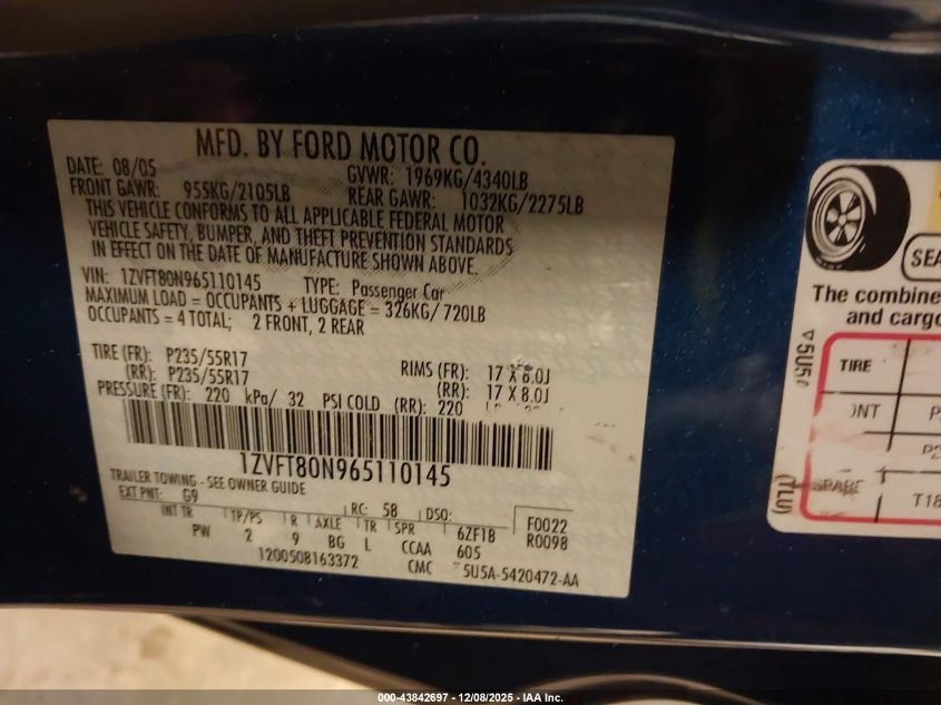 2006 Ford Mustang V6 VIN: 1ZVFT80N965110145 Lot: 43842697