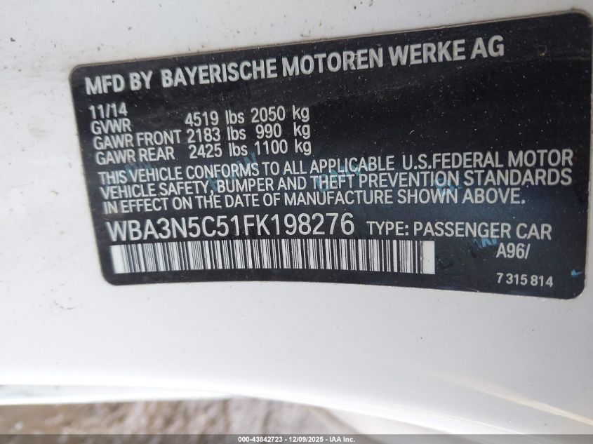 2015 BMW 428I xDrive VIN: WBA3N5C51FK198276 Lot: 43842723
