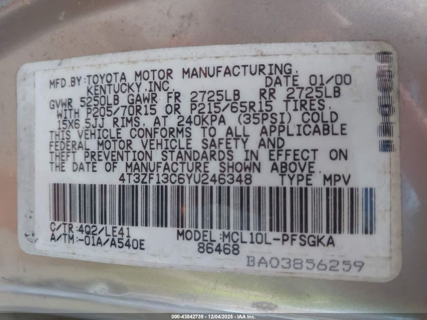 2000 Toyota Sienna Xle VIN: 4T3ZF13C6YU246348 Lot: 43842739