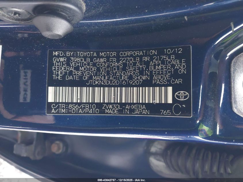 2013 Toyota Prius Three VIN: JTDKN3DU2D1619207 Lot: 43842757