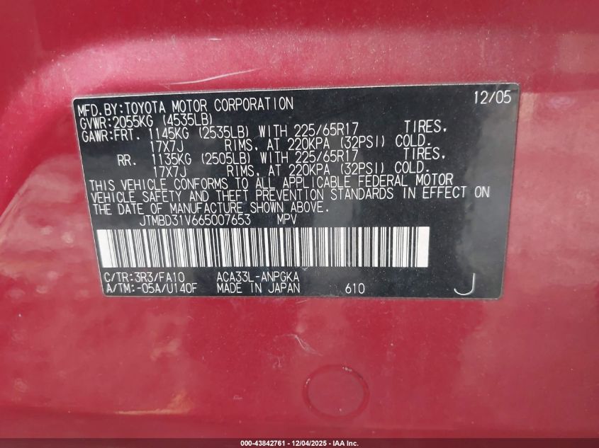 2006 Toyota Rav4 Limited VIN: JTMBD31V665007653 Lot: 43842761