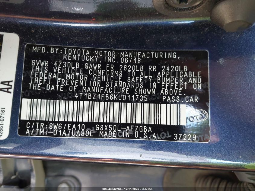 2019 Toyota Avalon Xle VIN: 4T1BZ1FB6KU011735 Lot: 43842764