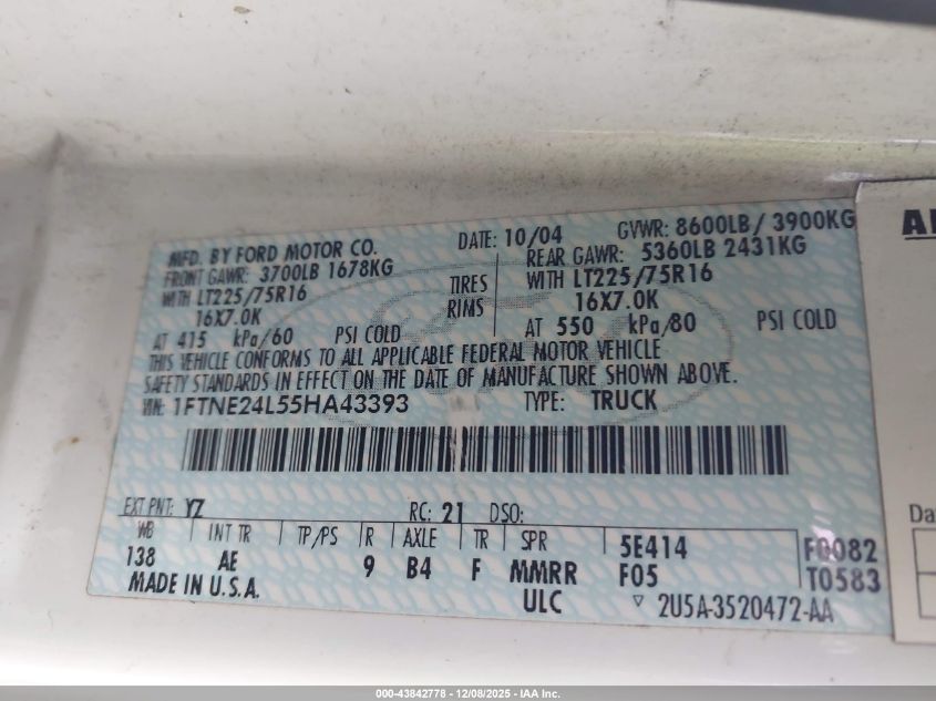 2005 Ford E-250 Commercial/Recreational VIN: 1FTNE24L55HA43393 Lot: 43842778