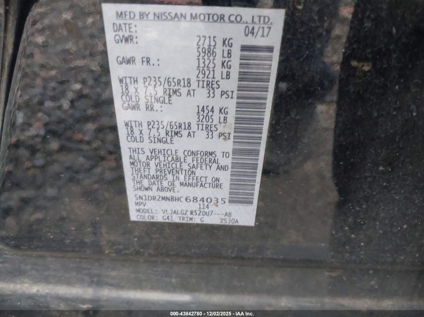 2017 Nissan Pathfinder Sl VIN: 5N1DR2MN8HC684035 Lot: 43842780