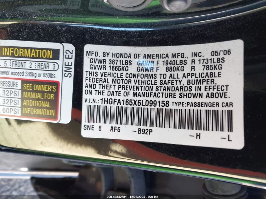 2006 Honda Civic Lx VIN: 1HGFA165X6L099158 Lot: 43842781
