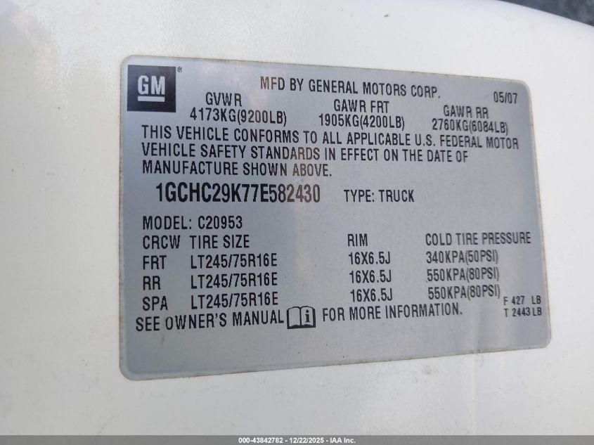 2007 Chevrolet Silverado 2500Hd Work Truck VIN: 1GCHC29K77E582430 Lot: 43842782