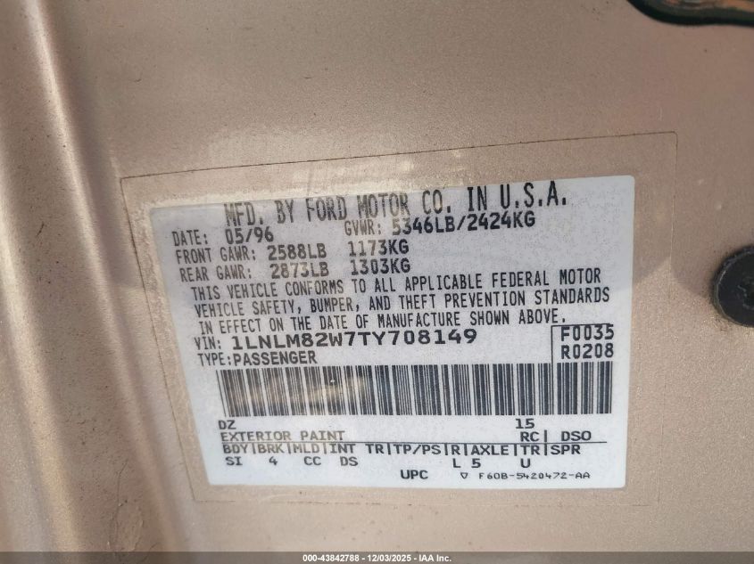 1996 Lincoln Town Car Sgn/Dmnd Anv/Cypress/Jn VIN: 1LNLM82W7TY708149 Lot: 43842788