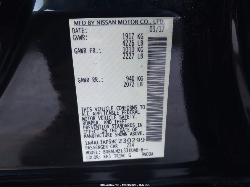 2017 Nissan Altima 2.5 Sv VIN: 1N4AL3AP5HC230299 Lot: 43842798