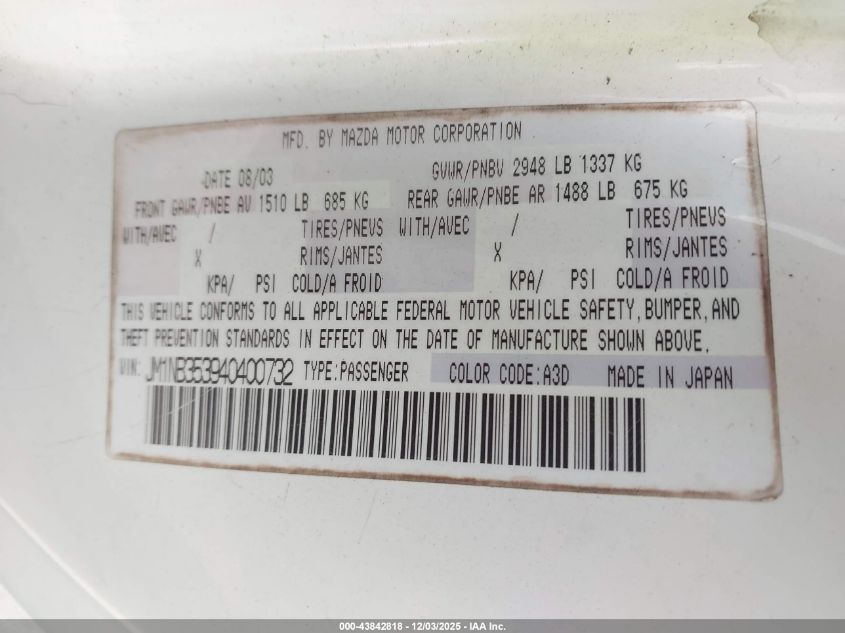 2004 Mazda Mx-5 Miata Ls VIN: JM1NB353940400732 Lot: 43842818