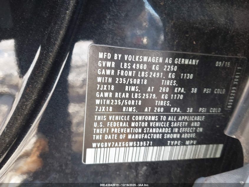 2016 Volkswagen Tiguan R-Line/S/Se/Sel VIN: WVGBV7AX5GW539571 Lot: 43842819