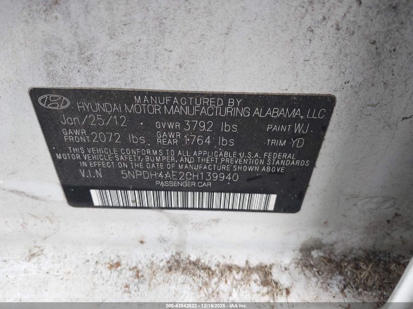 2012 Hyundai Elantra Gls VIN: 5NPDH4AE2CH139940 Lot: 43842822