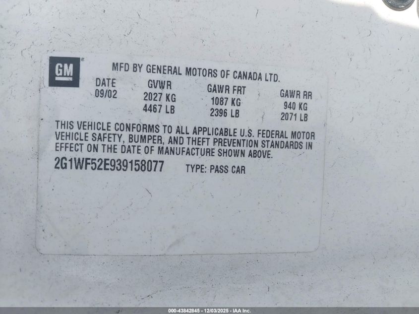 2003 Chevrolet Impala VIN: 2G1WF52E939158077 Lot: 43842845