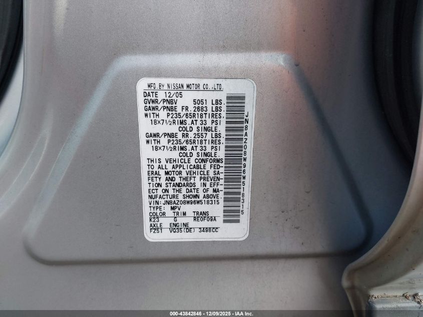 2006 Nissan Murano S VIN: JN8AZ08W96W518315 Lot: 43842846