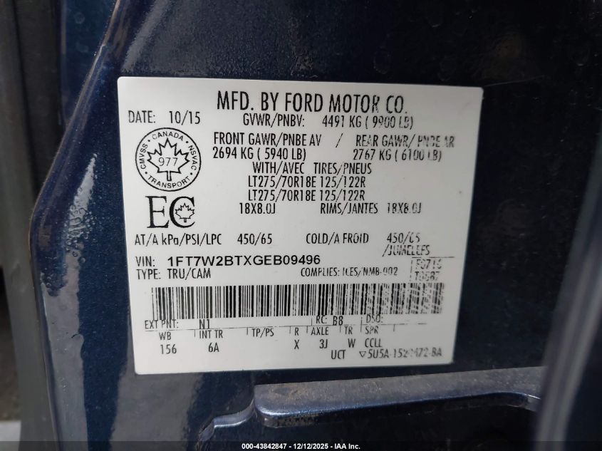 2016 Ford F-250 Lariat VIN: 1FT7W2BTXGEB09496 Lot: 43842847