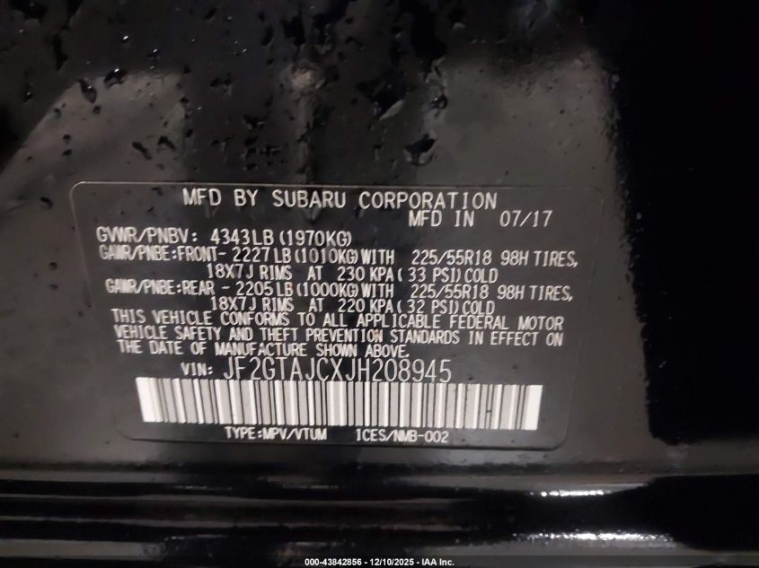 2018 Subaru Crosstrek 2.0I Limited VIN: JF2GTAJCXJH208945 Lot: 43842856