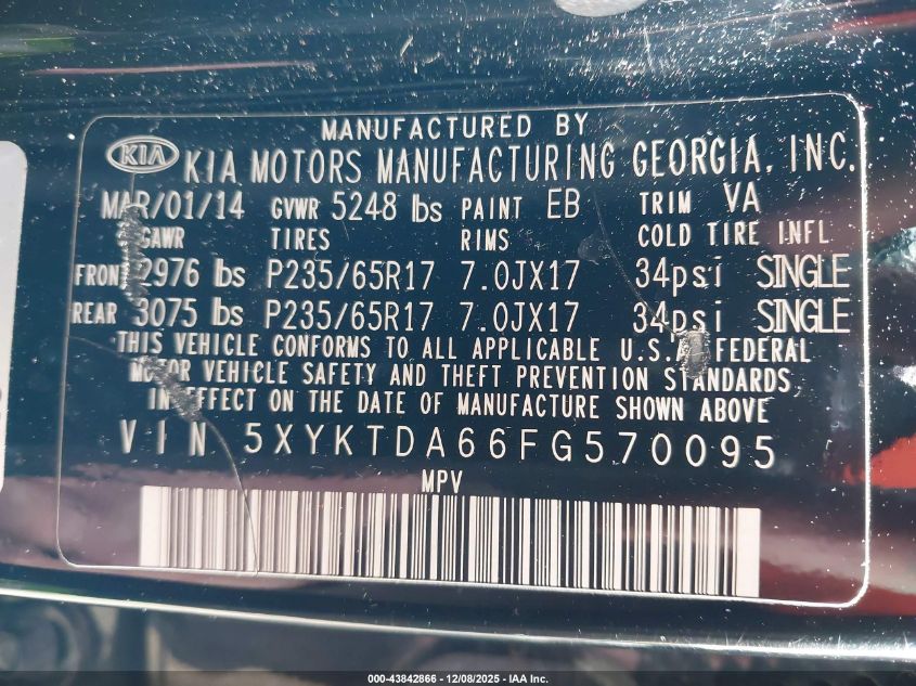 2015 Kia Sorento Lx VIN: 5XYKTDA66FG570095 Lot: 43842866