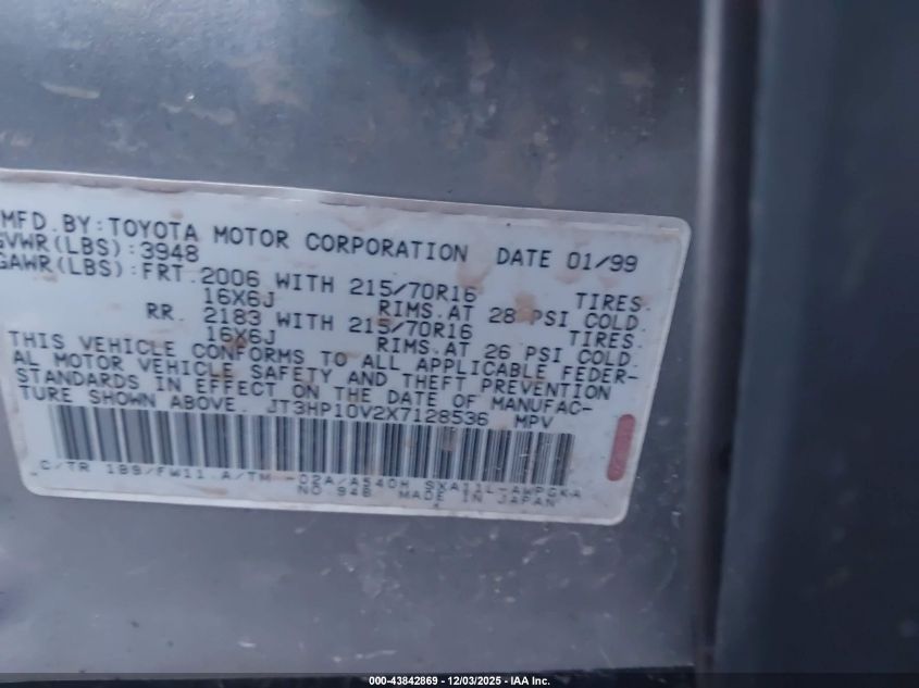 1999 Toyota Rav4 VIN: JT3HP10V2X7128536 Lot: 43842869